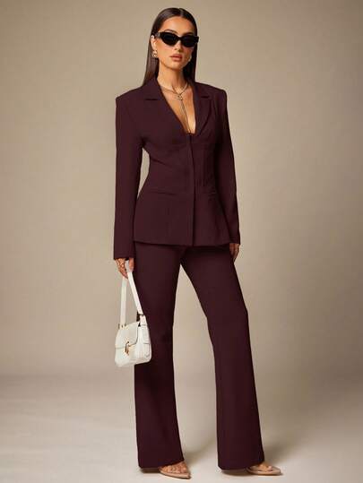 Silquee 女式简约通勤纯色缺口领收腰西装外套