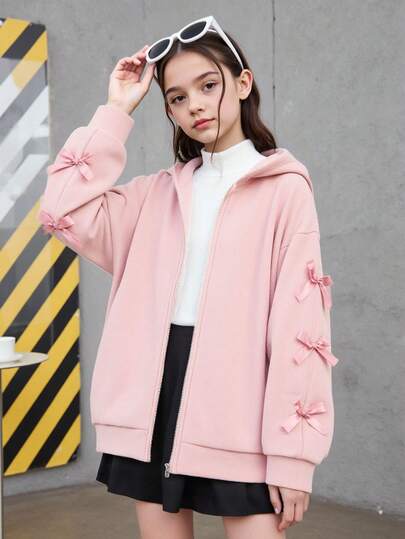 SHEIN Sparklyn 少女连帽卫衣，秋冬新款，长袖，粉色上衣，袖口饰有平行粉色蝴蝶结，舒适修身休闲运动卫衣，可与家人/姐妹装搭配