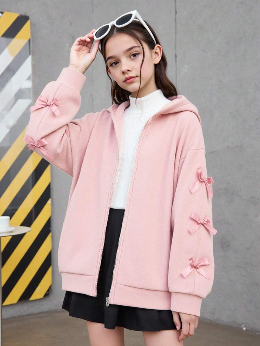 SHEIN Sparklyn 少女连帽卫衣，秋冬新款，长袖，粉色上衣，袖口饰有平行粉色蝴蝶结，舒适修身休闲运动卫衣，可与家人/姐妹装搭配 - 粉色 - 查看 1