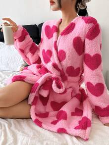 SHEIN 女士爱心印花抓绒长袖蓬松舒适睡袍，冬季 - 粉色 - 查看 1
