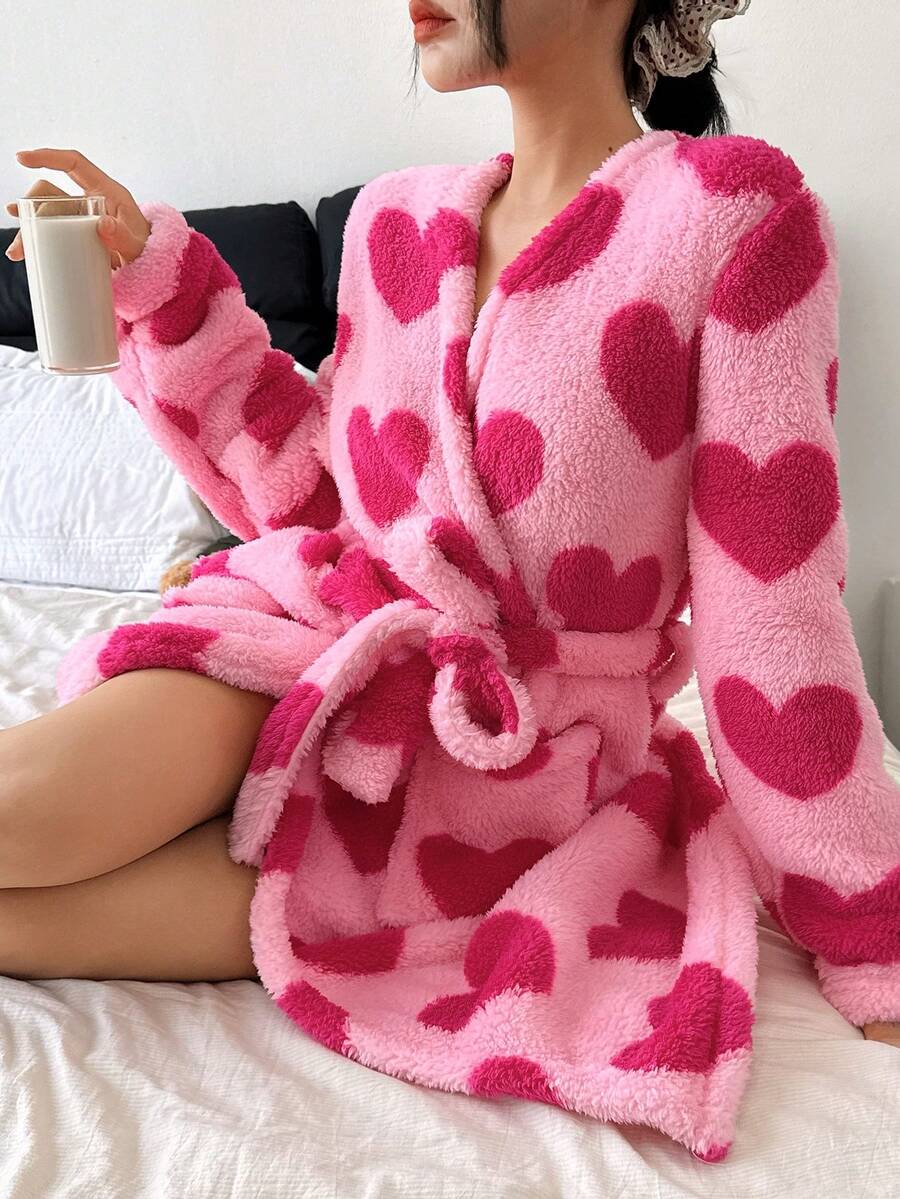 SHEIN 女士爱心印花抓绒长袖蓬松舒适睡袍，冬季 - 粉色 - 查看 1
