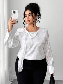 Elenzga Plus Size Women's Long Sleeve Versatile Cutout Luxurious Elegant Blouse, Suitable For Daily Commute, Minimalist And High-End - White - View 1