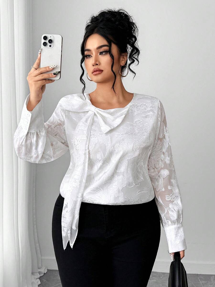 Elenzga Plus Size Women's Long Sleeve Versatile Cutout Luxurious Elegant Blouse, Suitable For Daily Commute, Minimalist And High-End - White - View 1