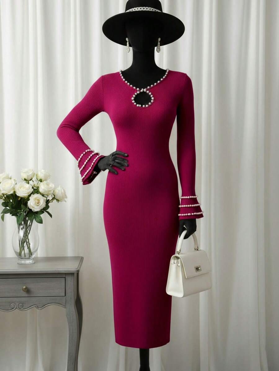 Franclia 女式纯色仿珍珠装饰锁孔领长袖修身优雅针织连衣裙 - 酒紅色 - 查看 1