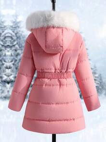 Abrigo acolchado con capucha y cuello de piel para niñas, con cinturón elástico en la cintura, bolsillos y diseño con cremallera, corte holgado, cómodo para otoño/invierno, adecuado para uso diario, ir al trabajo, actividades al aire libre, fiestas y sesiones de fotos - Rosa - Ver 2