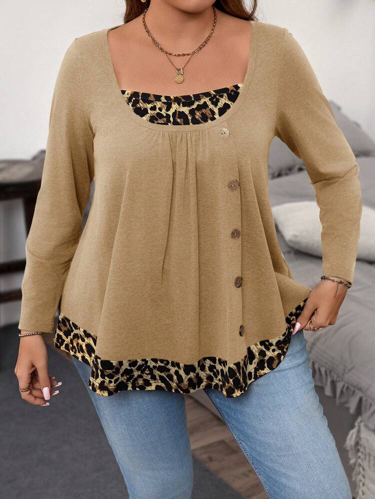 Plus Size 2 In 1 Button Decor T-Shirt