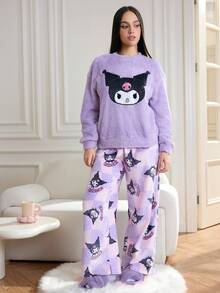 HELLO KITTY AND FRIENDS | SHEIN 女士舒适休闲可爱卡通刺绣宽松蓬松上衣和棋盘格长裤睡衣套装，秋冬款