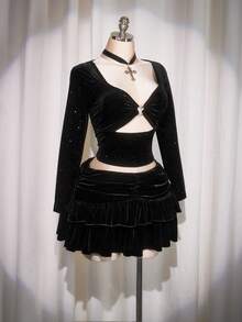 SHEIN ICON Plus Size High Waist Ruffle Hem Velvet Skirt - Black - View 4