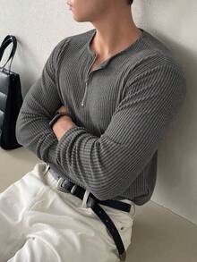 DAZY 男式纯色半拉链羊毛 T 恤，炭灰色，秋冬