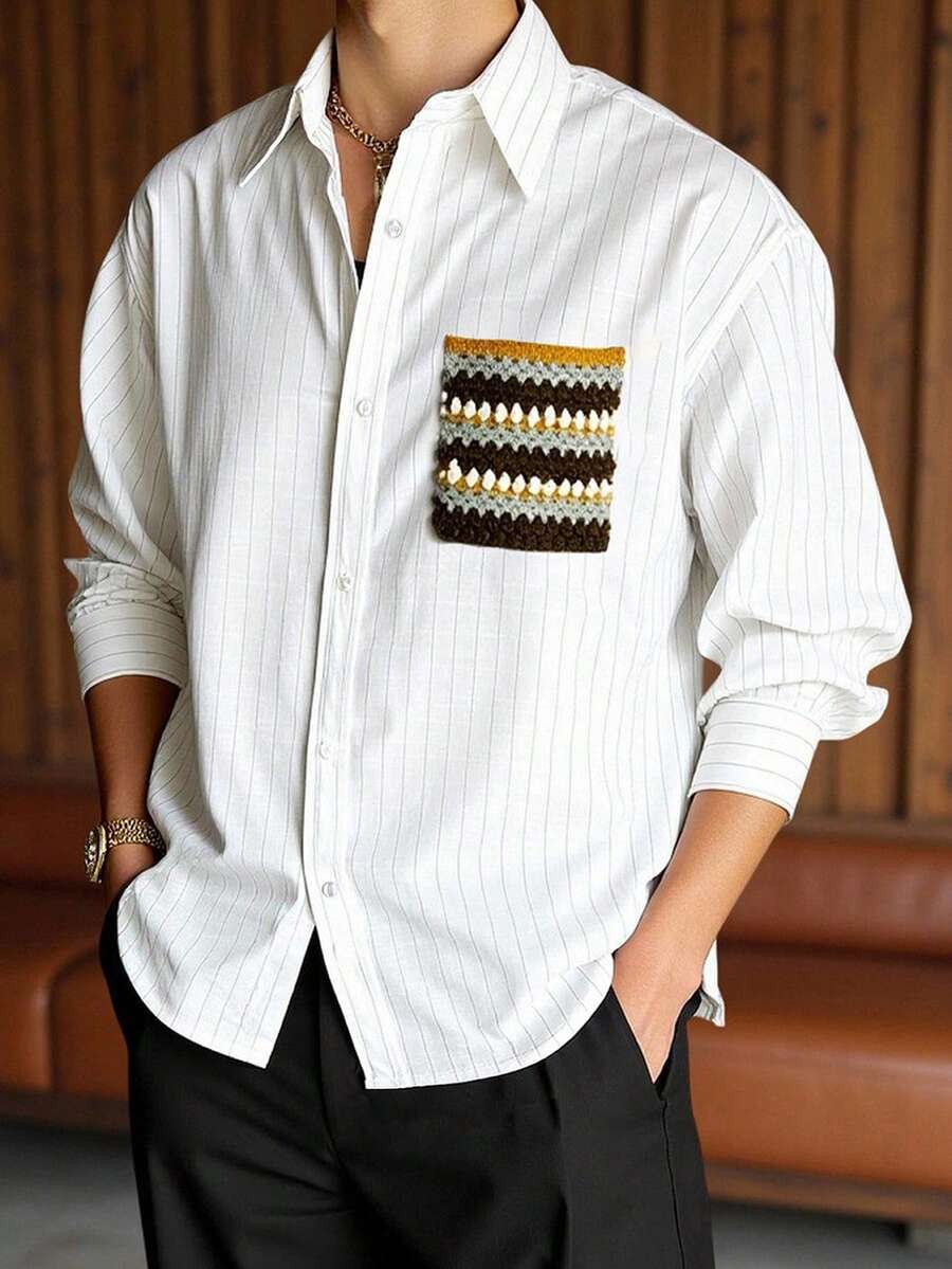 Manfinity Dauomo Casual Fashion Men's Drop Shoulder Long Sleeve Front Button Closure Retro Versatile Top - White - View 1