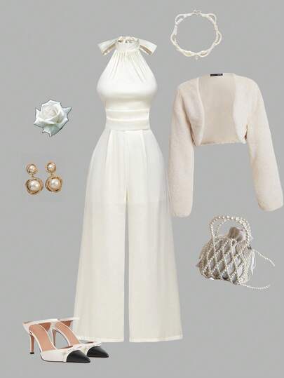 SHEIN MOD Mono de mujer de cintura alta plisado de pierna ancha y holgado, elegante con cuello halter. Ropa de Navidad para mujer, atuendo de Año Nuevo, atuendo de Acción de Gracias para mujer, otoño/invierno, atuendo elegante para fiestas, atuendo de invitada de boda, mono elegante, mono blanco