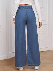 EMERY ROSE 女士休闲百搭高腰阔腿宽松梭织牛仔裤，水洗，适合所有季节，保暖内衬 - 中等水洗藍 - 查看 2