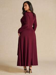 SHEIN BAE 大码女式优雅长袖褶皱连衣裙，黄色，秋冬 - 中紫紅色 - 查看 7