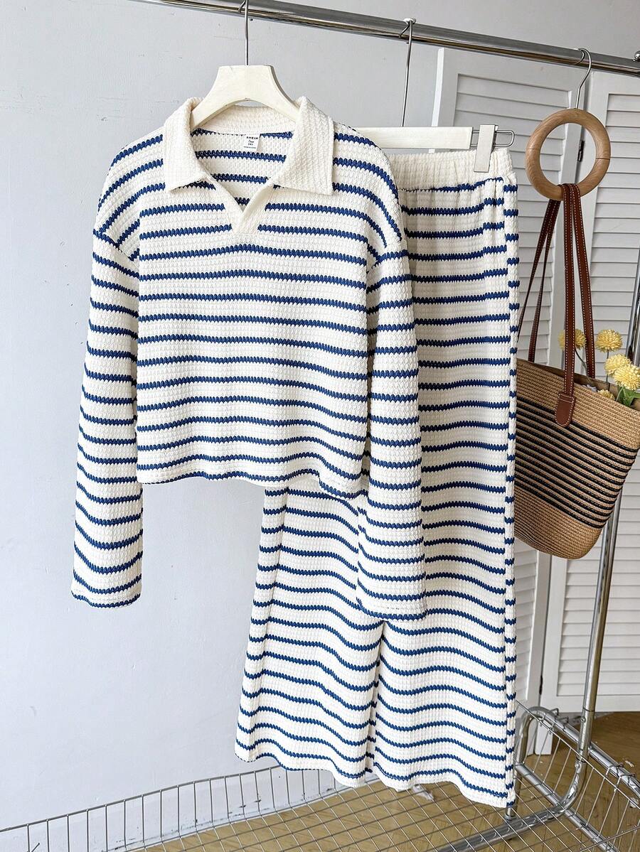 Sparklyn Teen Girl Casual Striped Lapel Drop Shoulder Top And Wide Leg Pants Set, Autumn