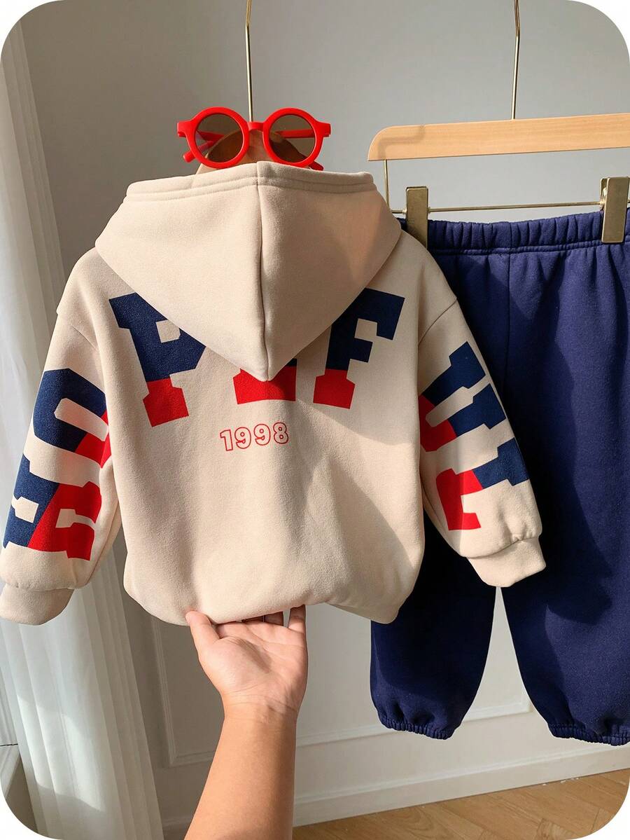 2件套男童可爱字母图案休闲连帽卫衣和运动裤套装，秋冬季 - 彩色 - 查看 1