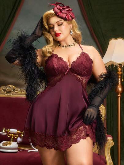 PinupPomp SilkySpell Sexy Lace Patchwork Faux Silk Criss-Cross Backless Plus Size Nightgown
