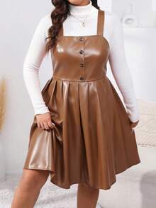EMERY ROSE Đầm midi dáng suông cỡ lớn, chất liệu giả da, cài cúc phía trước, phong cách thanh lịch, thích hợp cho mùa thu/đông, mang đến vẻ ngoài trưởng thành, phù hợp cho công sở và đi làm. - màu nâu - Xem 3
