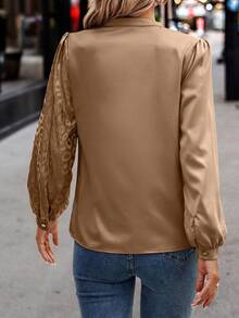 SHEIN Clasi 豹纹领带领优雅办公长袖衬衫 - 棕色 - 查看 2