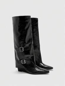 CUCCOO BIZCHIC Women's Fashion Versatile Square Toe Wedge Ankle Boots - Black - View 7