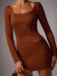 Avenya Coffee Brown Suede Long Sleeve Square Neck Dress,Autumn Elegant Date Night Cinched Waist Mini Bodycon Dress,Y2k Outfits,Office Siren - Brown - View 2