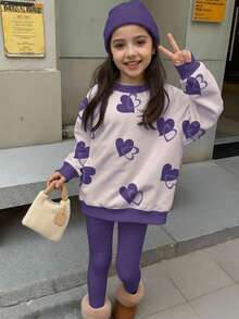 Set de 2 piezas de sudadera con cuello redondo y leggings con estampado de corazón casual y de moda para niñas preadolescentes, adecuado para otoño/invierno