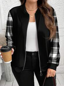 SHEIN Essnce Chaqueta de béisbol con cremallera, estilo universitario casual, de talla grande, con estampado de cuadros de retazos, adecuada para otoño/invierno - Multicolor - Ver 1