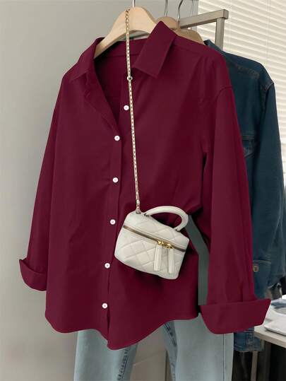 Resyla Plus Size Women Casual Solid Color Front Button Long Sleeve Shirt, Autumn