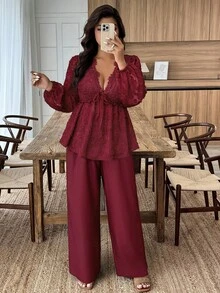 EMERY ROSE Quần ống đứng rộng rãi, chất liệu ren mỏng Jacquard, chắp vá, size lớn dành cho nữ, bộ đồ hai mảnh thường ngày, thu/đông - Màu Đỏ Sâu - Xem 4