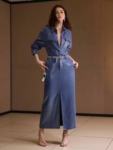 MOTF PREMIUM SEQUIN FRONT BUTTON DENIM SHIRT, AUTUMN/WINTER - Blue - View 1