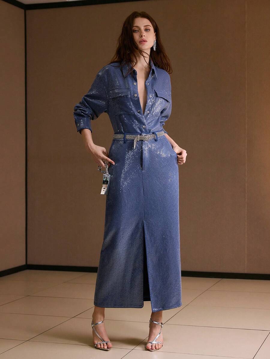 MOTF PREMIUM SEQUIN FRONT BUTTON DENIM SHIRT, AUTUMN/WINTER - Blue - View 1