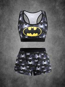 BATMAN X SHEIN Ensemble de lingerie pour femmes avec soutien-gorge à encolure échancrée et culotte à motif géométrique - Noir - Voir 1
