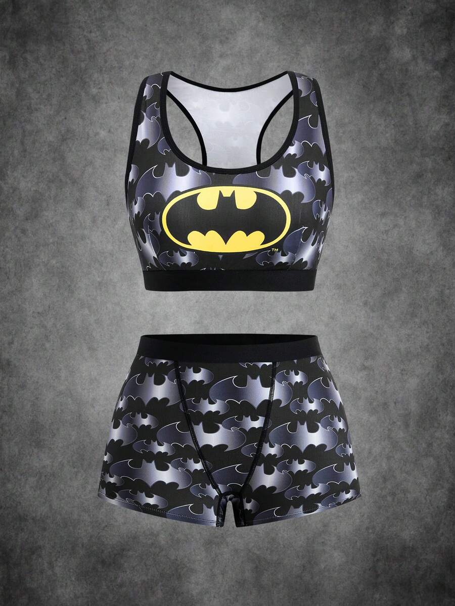 BATMAN X SHEIN Ensemble de lingerie pour femmes avec soutien-gorge à encolure échancrée et culotte à motif géométrique - Noir - Voir 1