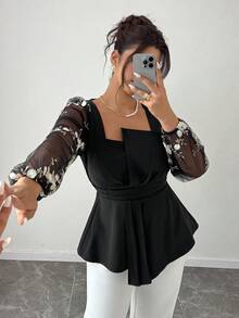 Cravure Blouse élégante pour femmes grandes tailles, col asymétrique, taille cintrée, coupe évasée, patchwork en tissu brodé et maille, automne/hiver - Noir - Voir 4