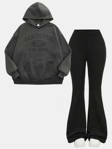 Girlism 少女休闲字母图案口袋连帽衫和喇叭裤套装，秋季 - 彩色 - 查看 2