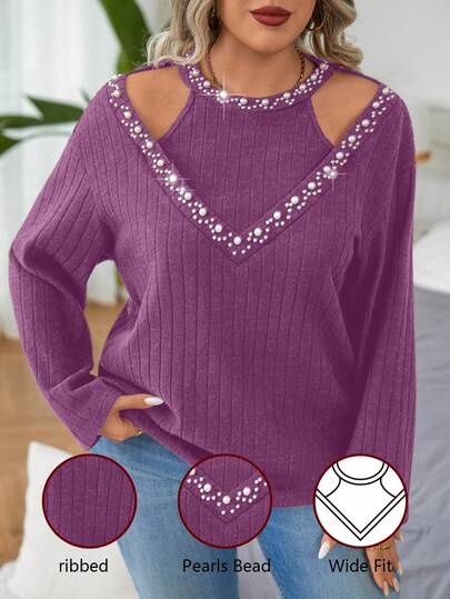 EMERY ROSE Plus Size Women Faux Pearl Decor Cutout Shoulder Long Sleeve T-Shirt, Autumn For Spring