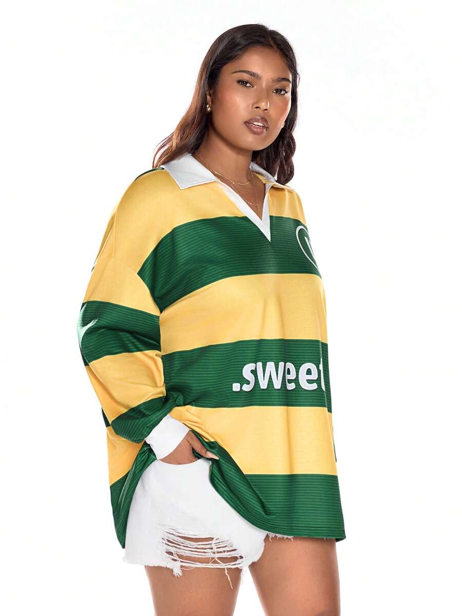 Solavibe Plus Size Fall And Winter Casual Sweatshirt For Holiday Dates, Fall And Winter Vacation Small V-Neck Striped Printed Sweatshirt, Holiday And Autumn Sportswear Sweatshirt, School Uniform, Very Simple, Women's Country, Office Wear, Old Money Style, Teacher Style, Date, Graduation Season - Multicolor - View 1