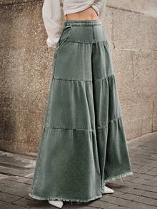 SHEIN SXY 女式宽松男友风破洞下摆拼布牛仔裤 - 軍綠色 - 查看 12