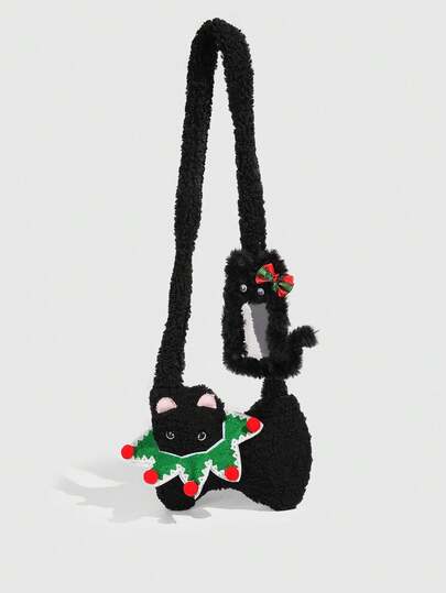 Kawaii 1pc Cute Black Plush Cat Bag In A Collegiate Style, A Christmas Autumn And Winter Cat Shoulder Bag, Paired With A Black Cat Christmas Bow Card Holder Single Strapmpit Bag