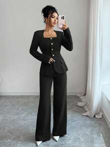 Elenzga 2 件套女士西装面料梯形领前金属纽扣腰部 A 字下摆开口袋长袖衬衫搭配纯色直筒裤，优雅办公室通勤街头风格，秋冬 - 黑色 - 查看 4