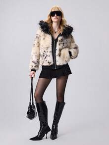 ROMWE EDITION Jaqueta Básica Feminina Oversized Com Capuz E Estampa De Leopardo, Estilo Retrô Y2K, Com Blocos De Cores. - Caqui - Ver 6
