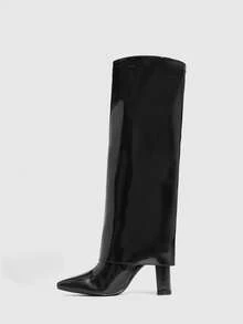 CUCCOO SZL 女式户外尖头粗高跟鞋黑色 PU 光面材质时尚简约日常和派对侧拉链靴 - 黑色 - 查看 5