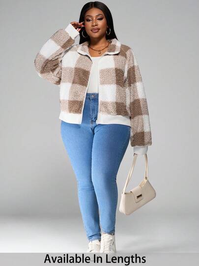 SHEIN PETITE CURVE Plus Size Women's Plaid Long Sleeve Short Plush Jacket, Fall And Winter,Women Jacket ,Fall Women Jackets,Going Out Tops,Flannels Women,Business Casual Women,Plaid Jacket,Wedding Guest,Winter Plus Size Brunch Plus Size Winter Plus Size Casual Plus Size Fall Jacket