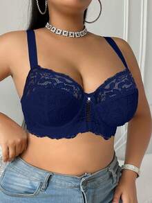 DesireSculpt 1 件大码女士蕾丝钢圈文胸 - 藏蓝色 - 查看 4