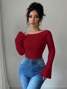 Elenzga 1 件露肩喇叭袖修身女式毛衣 - 紅色 - 查看 8