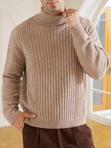 Manfinity Homme Men's Casual Solid Color Stand Collar Sweater,Autumn Winter Fleece Cold-Proof Top Gift For Husband,Khaki,Autumn,Casual,Work Brown Sweater - Apricot - View 3