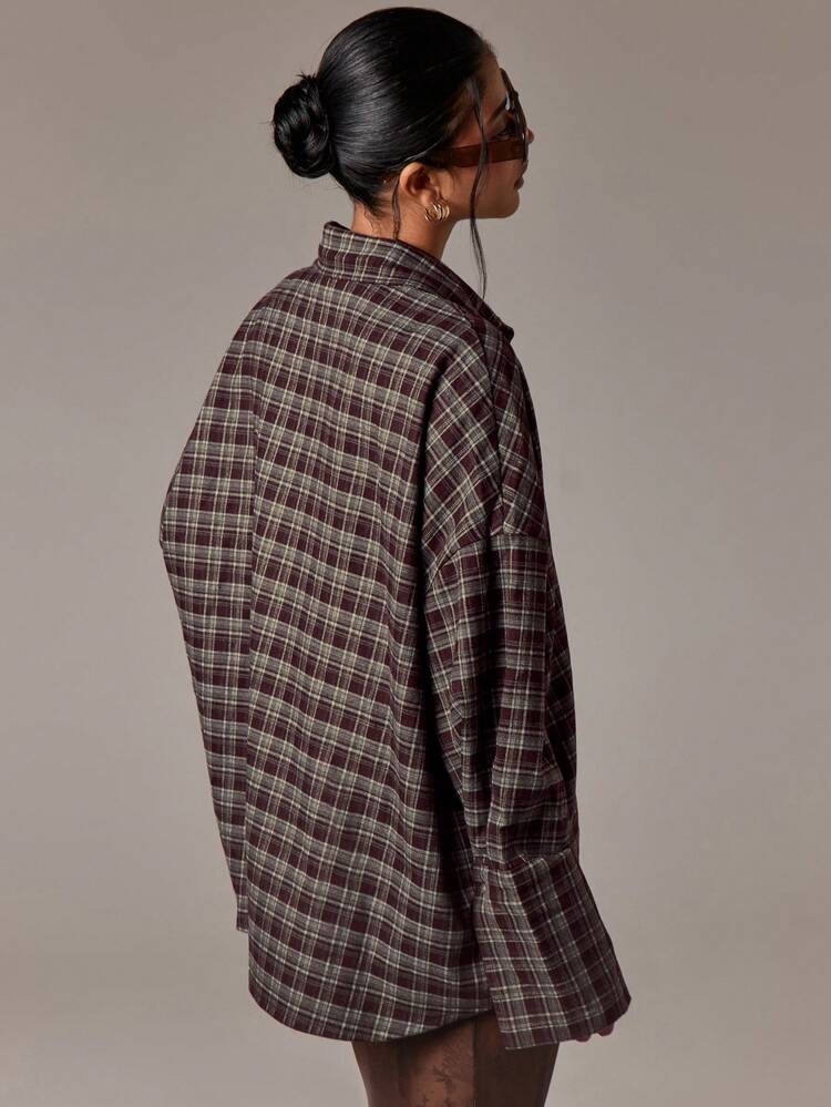 Oversized Plaid Button Down Shirt With Pocket