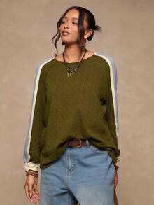 Freevana Plus Size Women Cable Knit Texture Casual Raglan Sleeve Colorblock Pullover T-Shirt, Autumn/Winter - Army Green - View 4