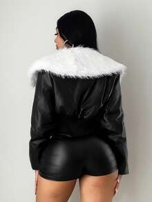 SHEIN SXY Women's Chic PU Leather Padded Coat,Patchwork Faux Fur Collar Zip-Up Wide Hem Jacket,Black And White Winter Night Out Fall Fashion Latina Street - Black and White - View 2