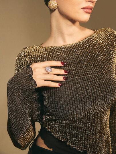 Poéselle Women's Fashionable Elegant Sexsy Metallic Shiny Flare Sleeve Lettuce Trim Asymmetrical Hem Fitted T-Shirt,Sparkly Top,New Year, Christmas Party,Party,Elegant Party,Suitable For Daily Wear, Party,, Commuting,Autumn/ Black And Gold
