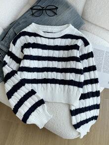 SHEIN 少女款单件麻花针织短款毛衣 - 圆领泡泡袖套头衫，简约扭绳设计轻薄上衣，适合上学和休闲穿着，春秋季可爱短款毛衣针织衫短款上衣，大哥星期三·亚当斯 - 彩色 - 查看 3